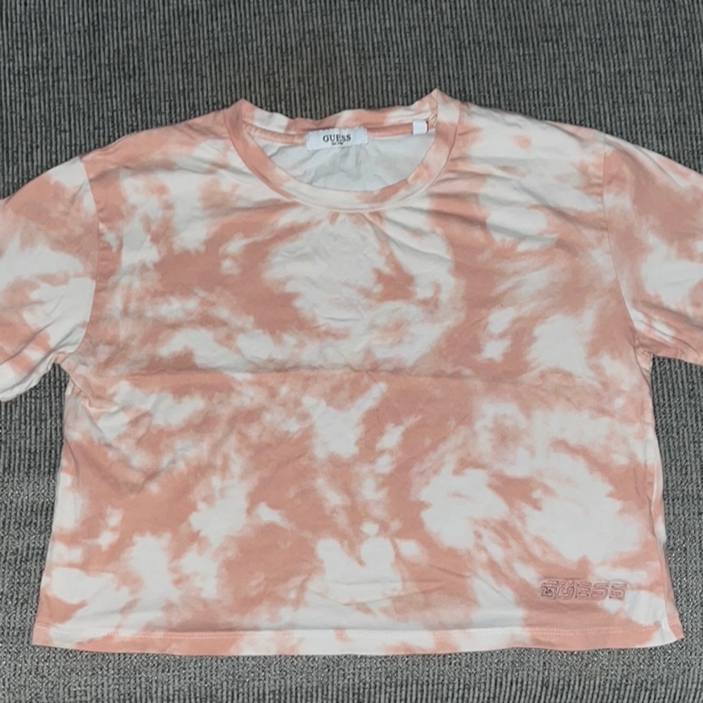 Guess Women's Pink Cropped Tie Dye Logo Graphic Tee Size Large - Picture 5 of 11